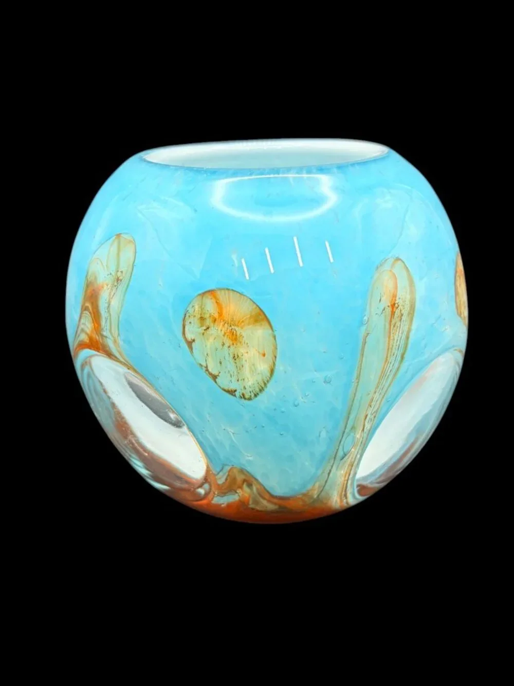 VTG Murano Style Pearly Blue Art Glass Vase – Abstract Orb – Hand Blown Italian